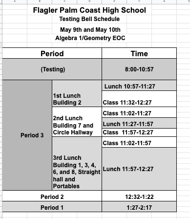 EvanaFretterd's tweet photo. Monday 5/9 and Tuesday 5/10 @FPCHS will be on a testing bell schedule. Check Schoology for room assignments. Best of luck to those testing. Not testing: 9th-100gym, 10th-800gym, 11th-Cafeteria, 12th-BLC. #YouGotThis #GoDogs https://t.co/tECLh3UyJq