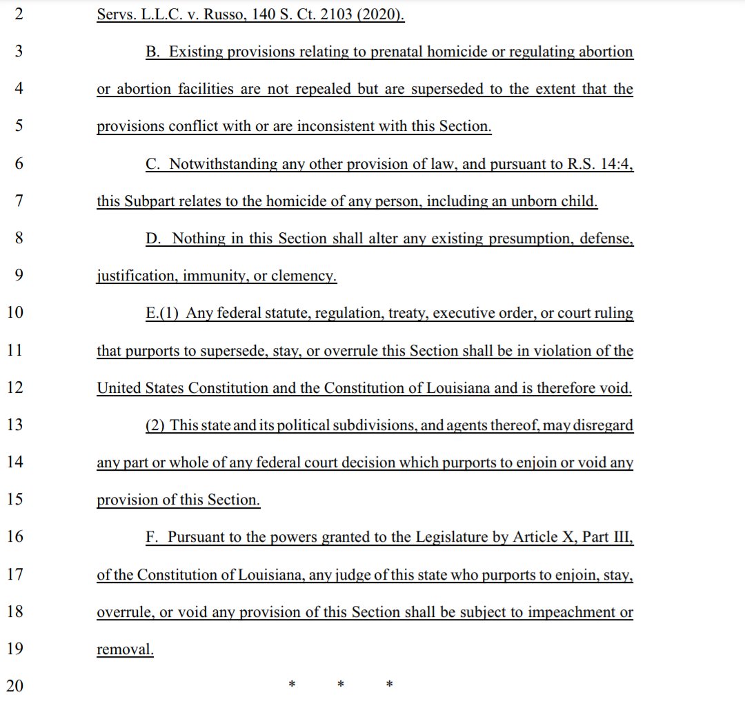 E.(1) Any federal statute, regulation, treaty, executive order, or court ruling
that purports to supersede, stay, or overrule this Section shall be in violation of the
United States Constitution and the Constitution of Louisiana and is therefore void.
(2) This state and its political subdivisions, and agents thereof, may disregard
any part or whole of any federal court decision which purports to enjoin or void any
provision of this Section.
F. Pursuant to the powers granted to the Legislature by Article X, Part III,
of the Constitution of Louisiana, any judge of this state who purports to enjoin, stay,
overrule, or void any provision of this Section shall be subject to impeachment or
removal.
