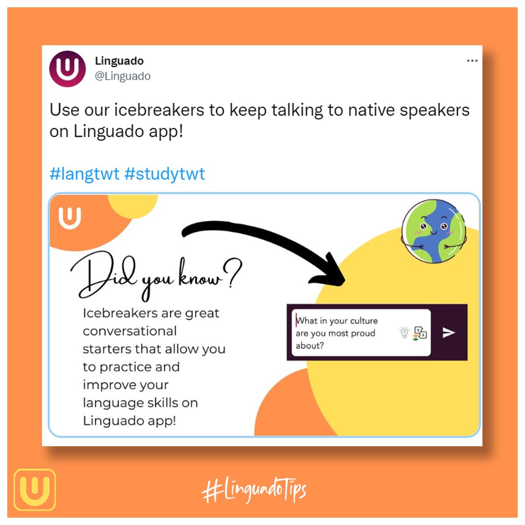 Linguado's tweet photo. ✨NEW✨
In-chat icebreakers NOW on Linguado!
If you ever run out of topics and don't know how to continue a conversation, you can always use the icebreakers at any time in the conversation.
#practicelanguages #meetfriends #icebreakers #freemobileapp #Linguado #langtwt https://t.co/oC55KCj3a7