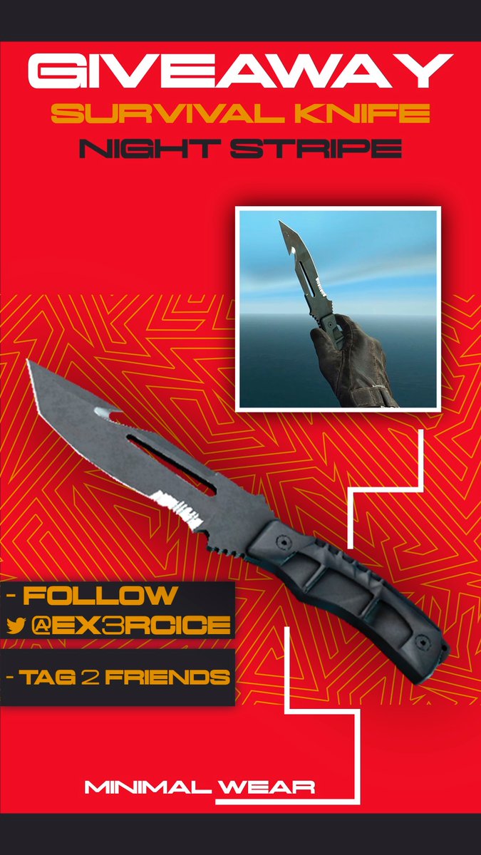 Ex3rcice's tweet photo. 🍀 Survival Knife Giveaway | Night Stripe (MW) 🎫

Don't miss your chance to win a knife and to get a 50% skill buff !

📳 Follow me on twitter
☢️ Tag 2 friends 
✴️ RT https://t.co/ZkvTPCl50p