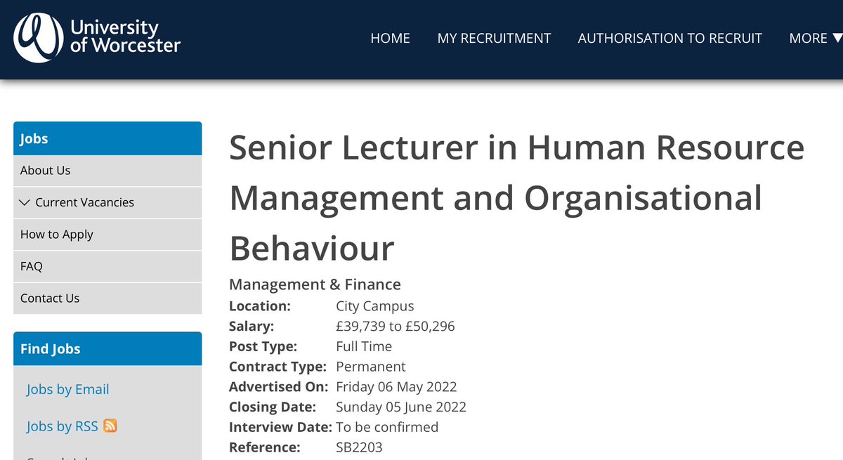 Due to a promotion, we’re recruiting a SL in HRM and OB at Worcester Business School.   Closing date for applications 5th June 2022.

jobs.worcester.ac.uk/Vacancy.aspx?i…