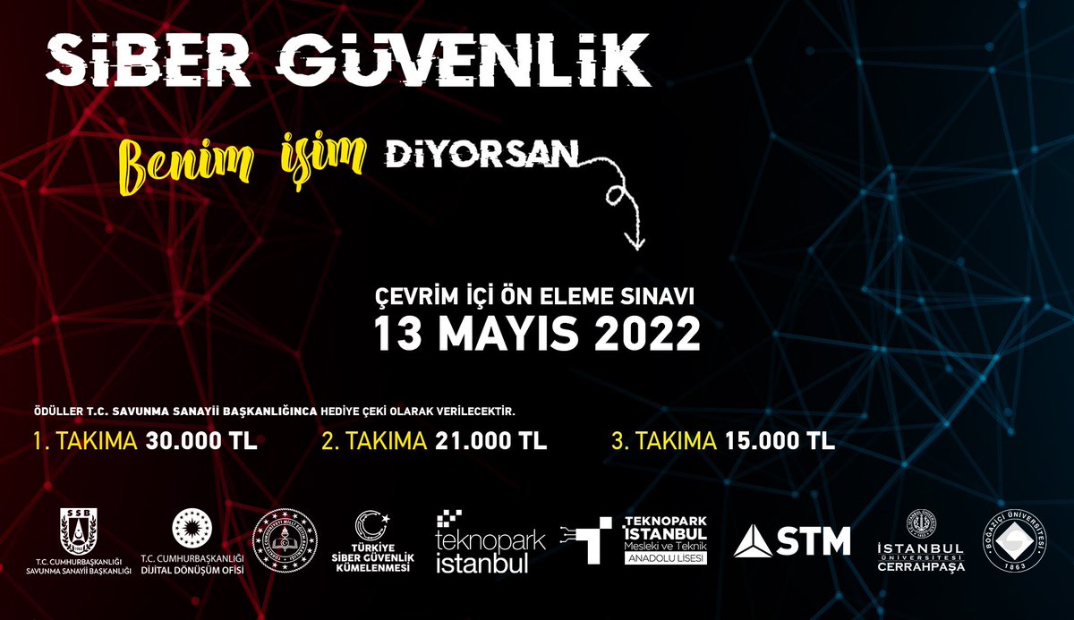 3. Liseler Arası Bayrağı Yakala Yarışması için başvurular devam ediyor! 🚩

🕵🏼 Siber Güvenlik yeteneklerini gösterebileceğin ödüllü Bayrağı Yakala Yarışması sizi bekliyor.

⏰ Ön Eleme İçin Son Tarih: 13 Mayıs 2022

 📍 Ayrıntılı bilgi ve kayıt için: bayraksende.com