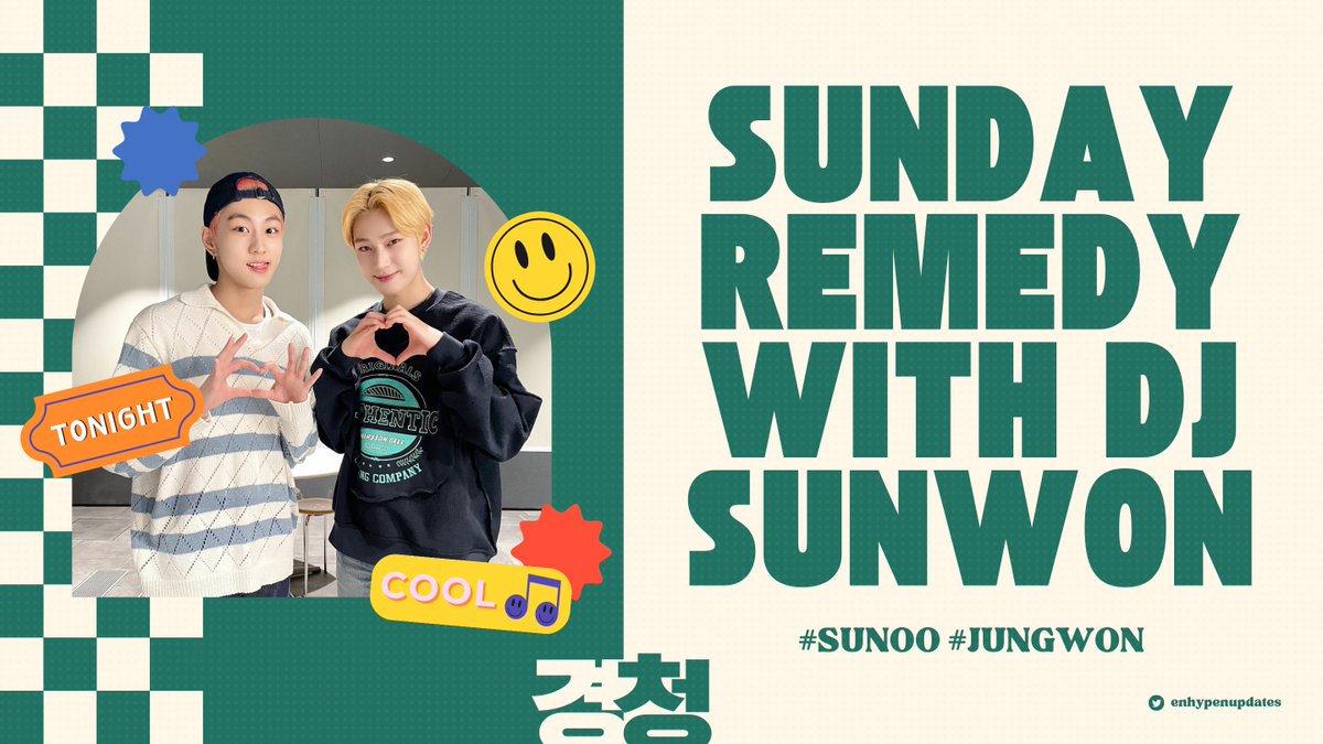 enhypenupdates's tweet photo. ENGENEs! Another episode of 'Listen' radio will air in 30 minutes. Let's send our love and support to DJ Sunoo and DJ Jungwon by using the tags below! ✨🤍

🔗 https://t.co/HTl7Q9QtxD
🔒 1,000 Replies &amp; RTs

SUNDAY REMEDY WITH DJ SUNWON
#SUNOO #JUNGWON @ENHYPEN_members @ENHYPEN https://t.co/yoZu1b7yNL