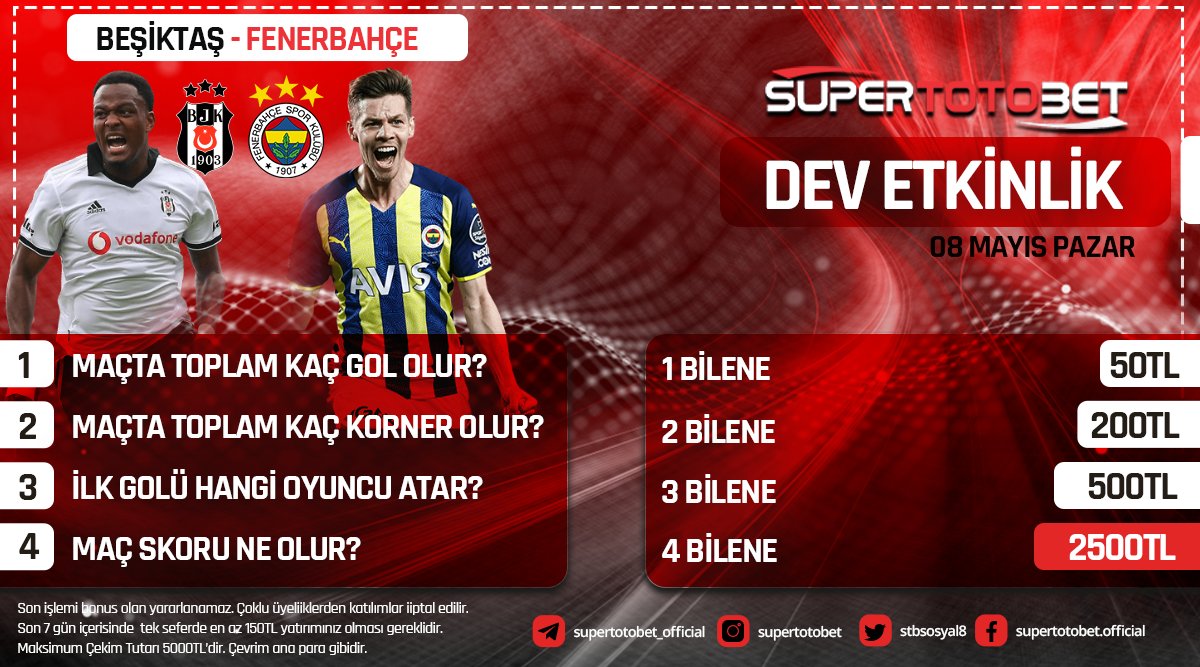 📢#Süpertotobet'te Günün Etkinliği..!

⚽️ #Beşiktaş - #Fenerbahçe⚽️

✅Görseldeki soruları doğru yanıtla,
💵 2⃣5⃣0⃣0⃣₺ nakit #bonus senin olsun.!

✍️Bizi takip et, RT yap, arkadaşlarını etiketle,
📄Tahminin Form üzerinden bize gönder!

🔗Katılmak İçin: bit.ly/stbderbiozel
