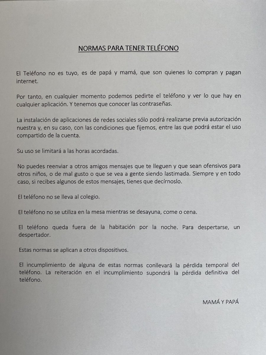 En previsión de que mi hija, de 12 años, consiga su propósito (tener teléfono; aún está por ver), y dado su apego a las normas (bien por ella), mi mujer y yo estamos elaborando este contrato de adhesión, totalmente leonino. A ver qué os parece y si creéis que se nos olvida algo.