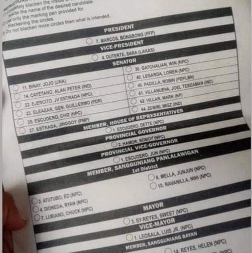 KuyaJax's tweet photo. Escudero’s sample ballot in Sorsogon. Si Narcos ang dinala nya. @supernegatrona @PinoyAkoBlog @AltOppositionPH https://t.co/JPK29ovgzu