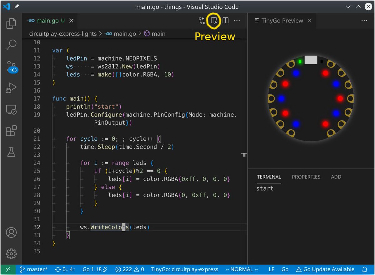 I've updated the @code TinyGo extension to include support for running code like on play.tinygo.org! Just click the preview button after selecting a supported board in the status bar.