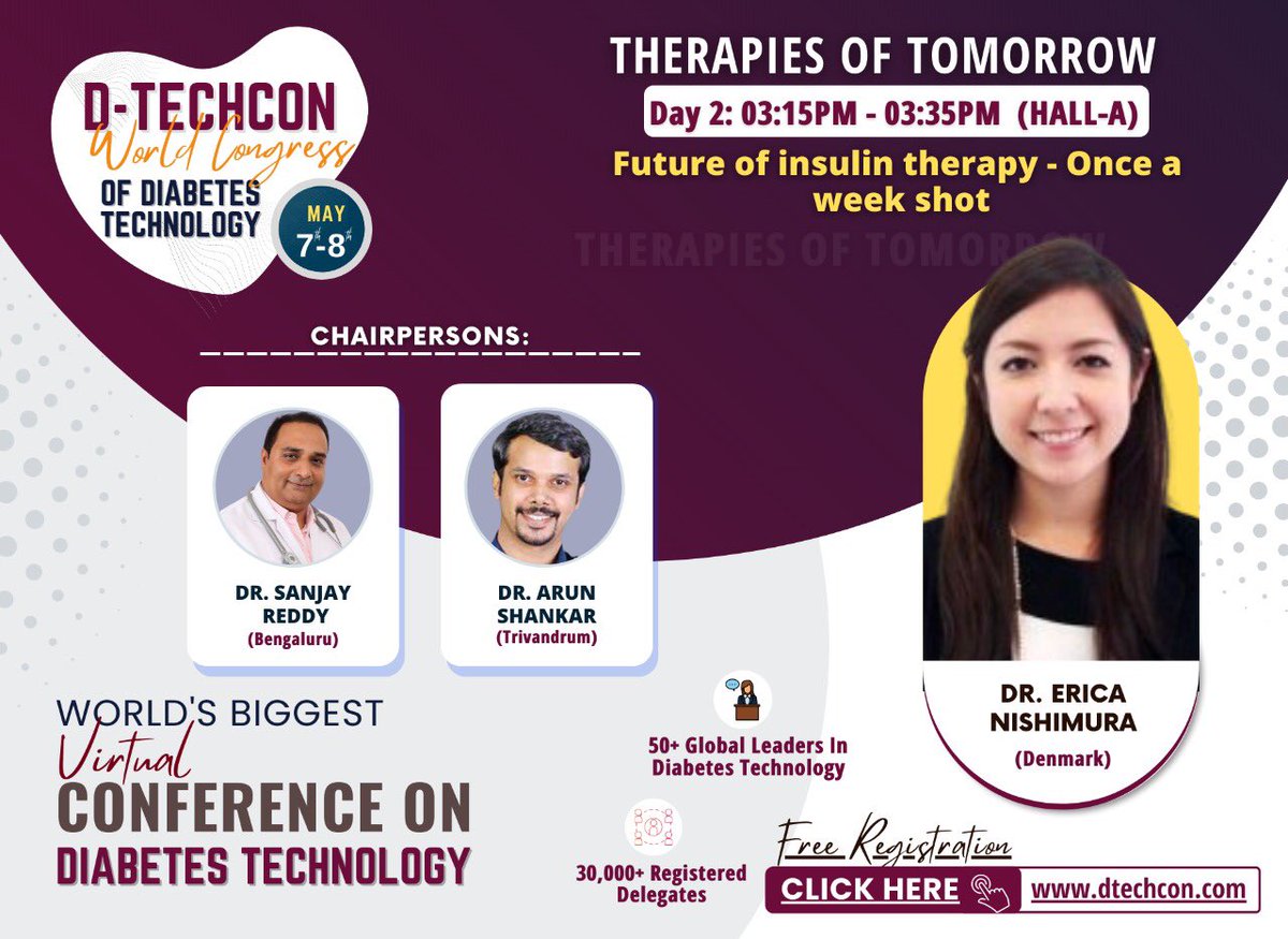 DTechCon's tweet photo. Dr. Erica Nishimura Talked at DtechCon2022 about the Future of insulin therapy - Once a week shot
Moderated By: Tushar Anil Sadhu
Chaired by: Dr. Sanjay Reddy & Dr. Arun Shankar
Attend Live: https://t.co/JCIjHVho63
#Dtech #DtechCon2022 #healthTech #StartupPavillion https://t.co/X93CKv79Ay