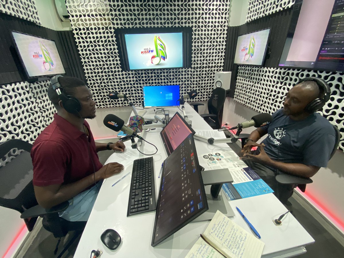 OneSightRwanda's tweet photo. HAPPENING NOW: @vtuzinde our OneSight Rwanda Country Director is in @1023KISSFM studio with @Radiohost_Rwa talking about our work and the progress that Rwanda has made to making sure Rwandas vulnerable have access to vision care. 

#VisionForAll https://t.co/JTrKDn3ziK