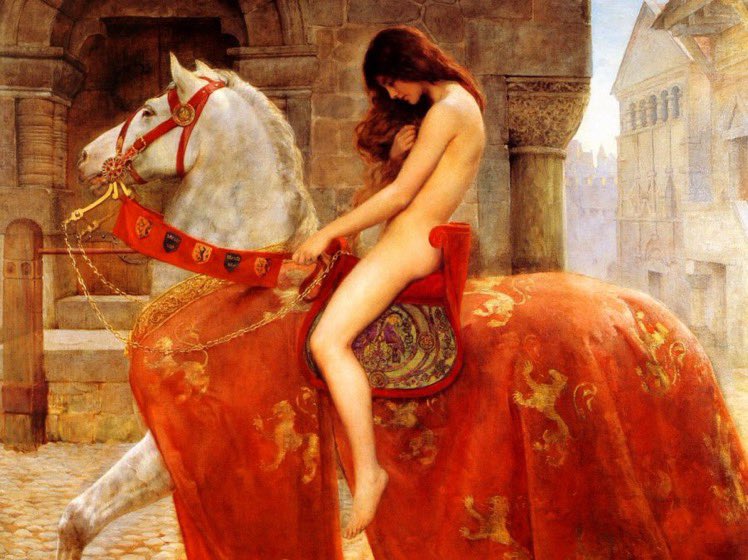 En la canción de Queen, “Don't Stop Me Now” Freddie Mercury canta “I'm a racing car passing by like Lady Godiva”. 
¿Queréis que os cuente quién fue Lady Godiva a través de esta obra de arte del pintor británico John Collier? 
Si la respuesta es “si” seguidme en este hilo 🧵