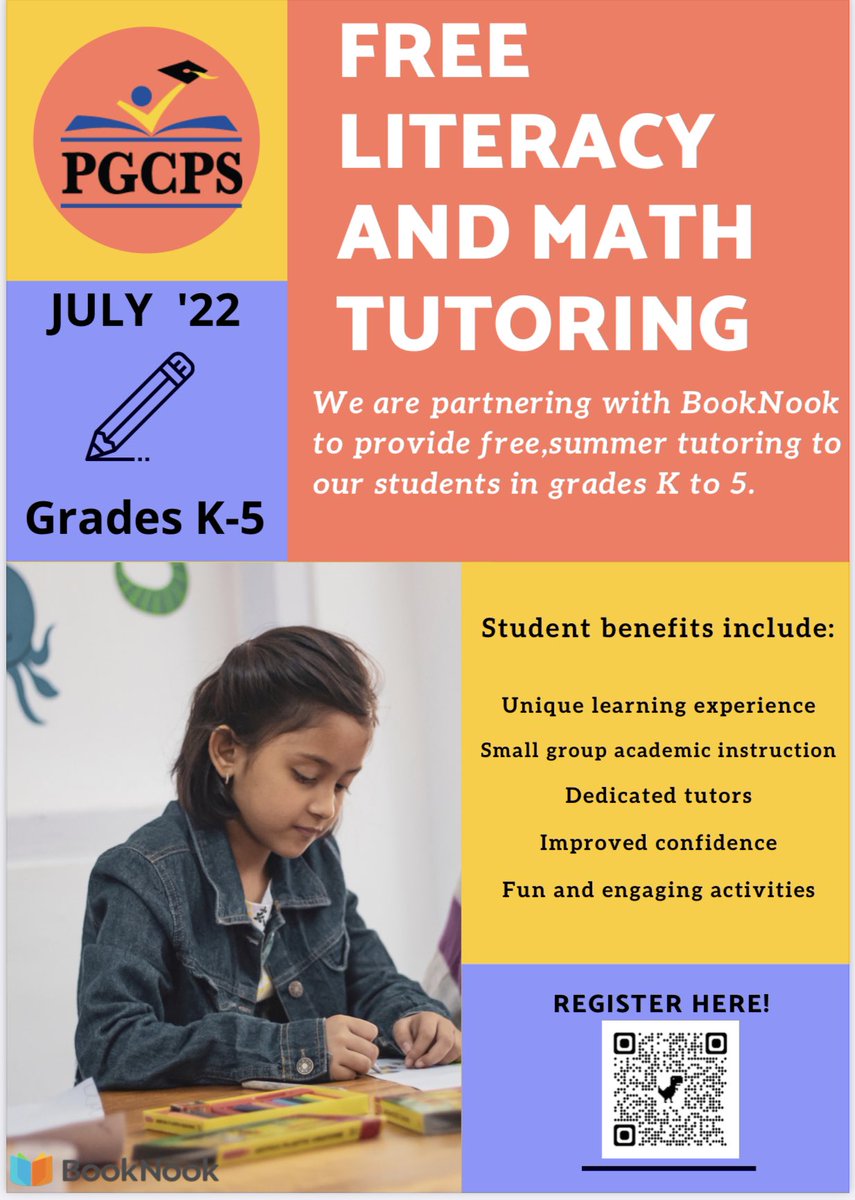 REGISTER for summer reading and math tutoring for students in kindergarten through fifth grade with 
@BookNook! 🌞The program is fun for students and proven to help accelerate literacy and math skills.

✅Sign up: booknooklearning.com/pgcps-summer-2…