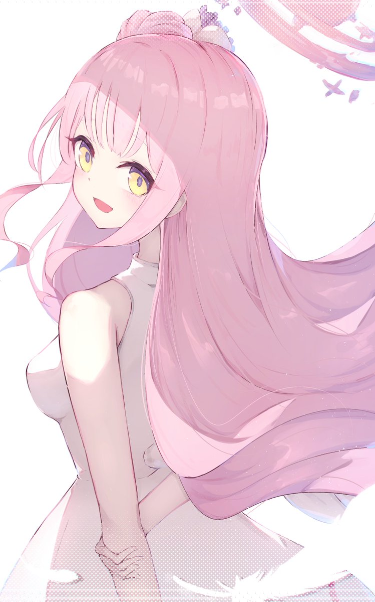 mika (blue archive) 1girl pink hair solo long hair dress yellow eyes white dress  illustration images