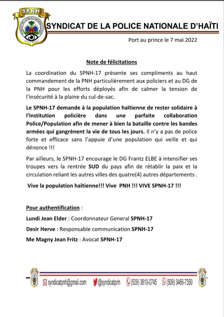lavi_info's tweet photo. Enfin! Après tous les torts causés à la sécurité du pays, #SPNH17 emprunte le chemin de la raison en développant un discours plus professionnel et humain. Dans une note datée du 7 mai, SPNH-17 félicite les efforts du DG ELBE et invite la population à être solidaire de la #PNH. https://t.co/gISUkO7ebS