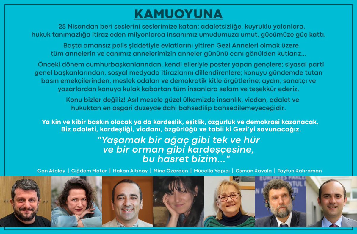 Bakırköy ve Silivri'den kamuoyuna ortak mesajımız: “Ya kin ve kibir baskın olacak, ya da kardeşlik, eşitlik, özgürlük ve demokrasi kazanacak. Biz adaleti, kardeşliği, vicdanı, özgürlüğü ve tabii ki Gezi’yi savunacağız.”