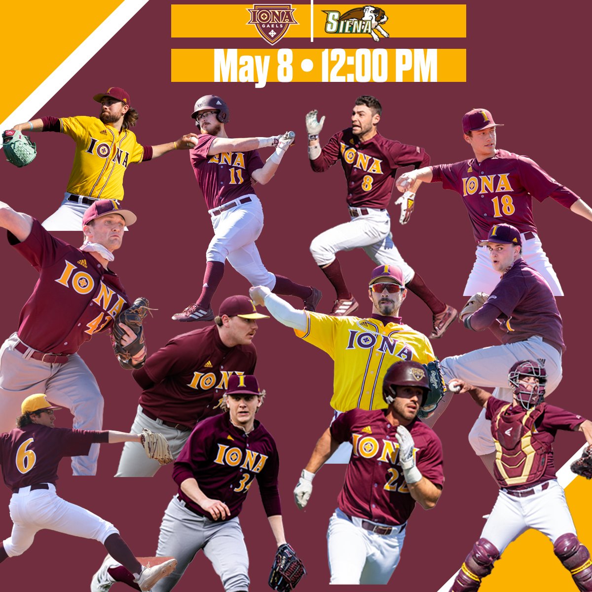 IonaBaseball's tweet photo. SENIOR DAY ‼️

🆚: @SienaBaseball
📍: New Rochelle, NY
🏟️: City Park
⏰: 12:00 PM
📊: https://t.co/Qa26aynzWy

#ICBASE | #GaelNation https://t.co/ukni3FBeJj