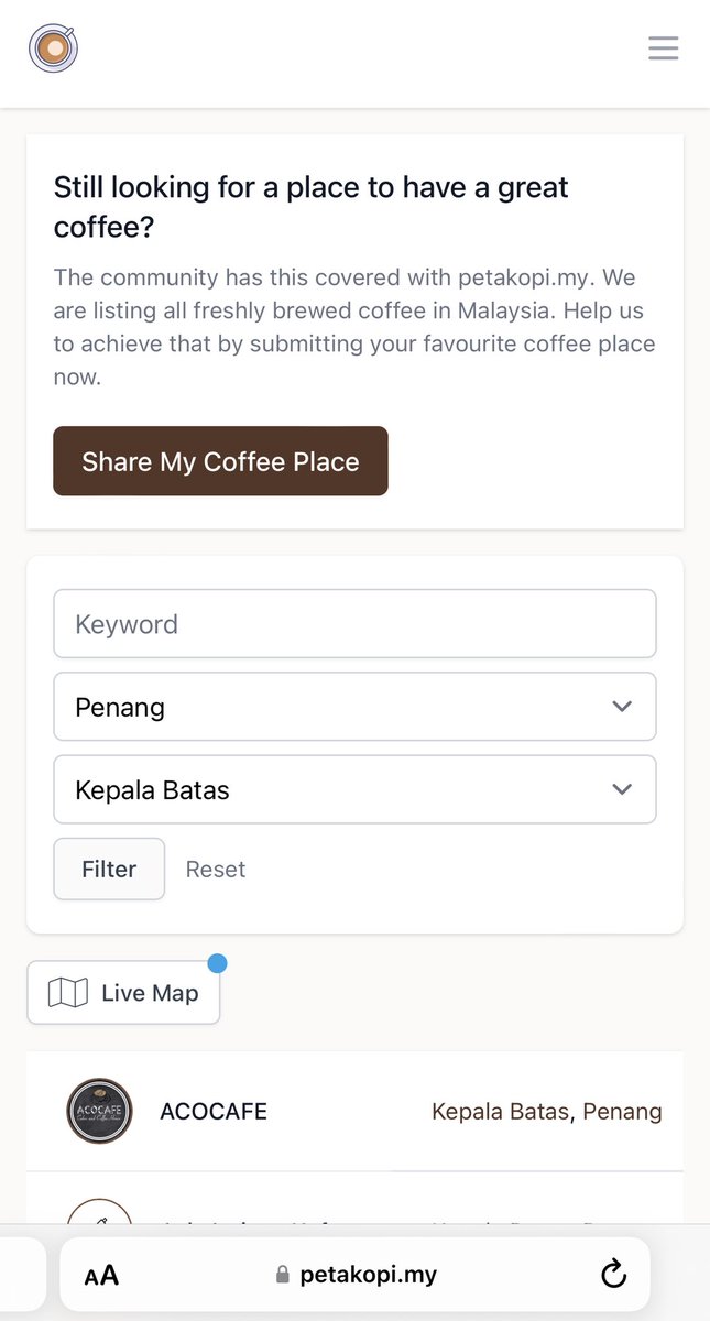ngopiss's tweet photo. Tak susahpun korang nak cari port ngopi sekitar kawasan korang. Buka jer https://t.co/kVMtEffBuc then korang boleh search dekat sana. ☕️ https://t.co/9uk2DGRq0u