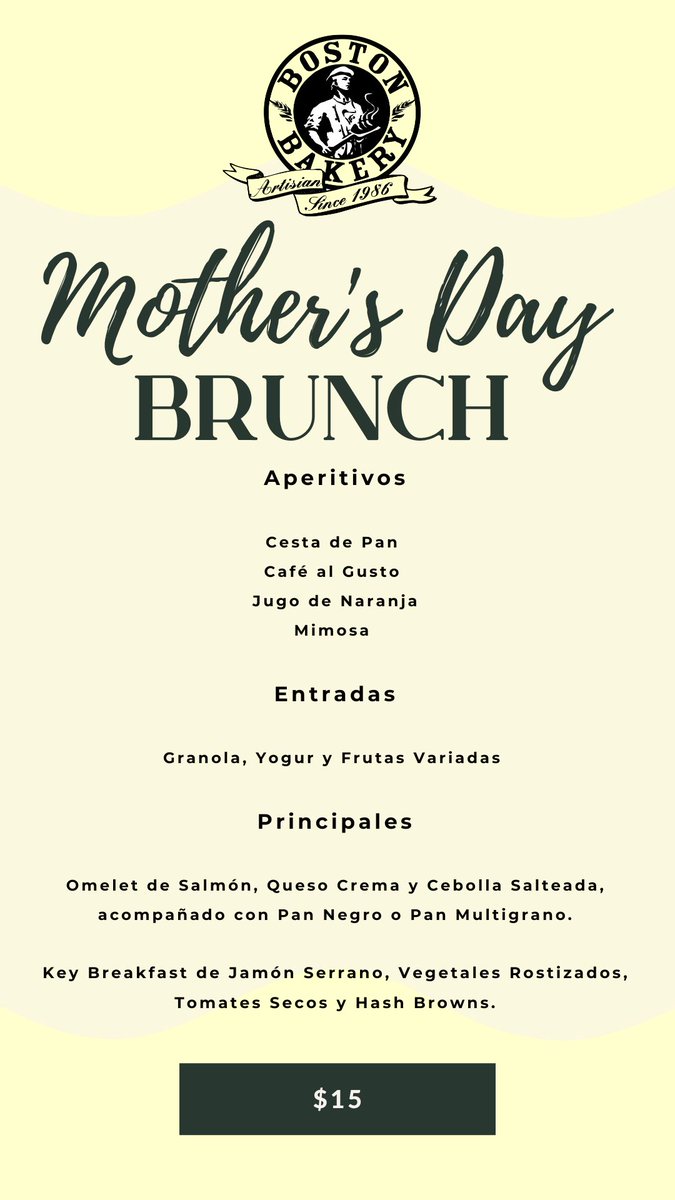 bostonbakery's tweet photo. Feliz día de las madres, uno de los días más importantes del año. 

Nuestro menú especial de hoy cuesta solo 15 dólares e incluye aperitivos, entrada y principal.

No hace falta reservación. ¡Ven con las madres de tu vida a Boston Bakery Los Palos Grandes! https://t.co/03LQeJoJDS