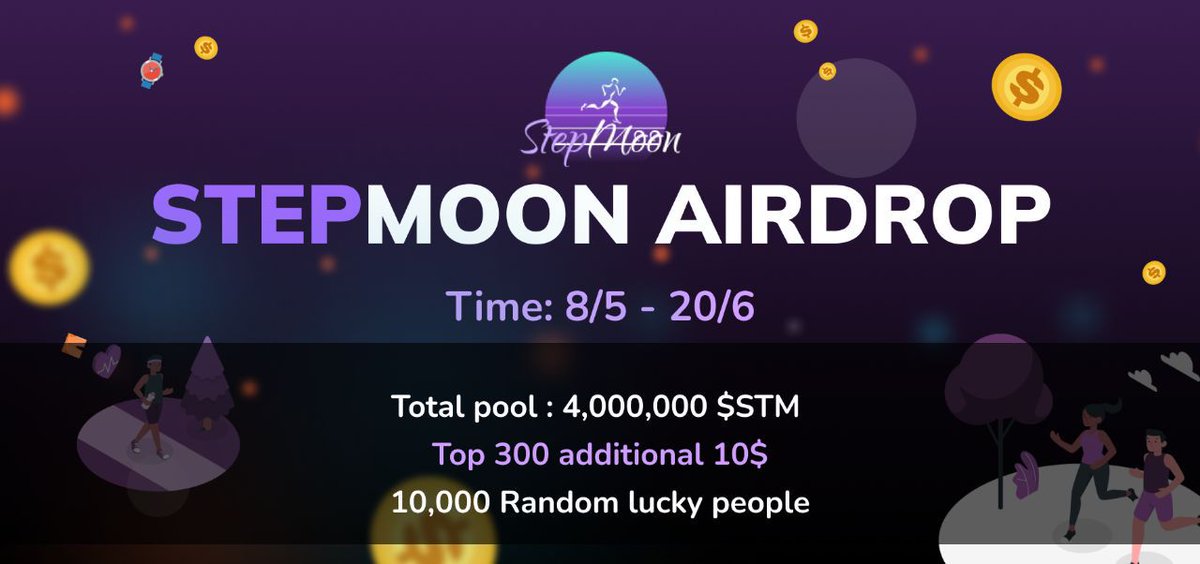 #Airdrop: StepMoon (STM)
Prize Pool: 4,000,000 STM
Reward: 300 STM
Referral: 30 STM
Top 300: $10 in STM
Winners: 10,000 random + top 300

Airdrop Link: t.me/StepMoonAirdro…

- Follow @StepMoon_TW
- Distribution date: June 25, 2022

Website: stepmoon.info