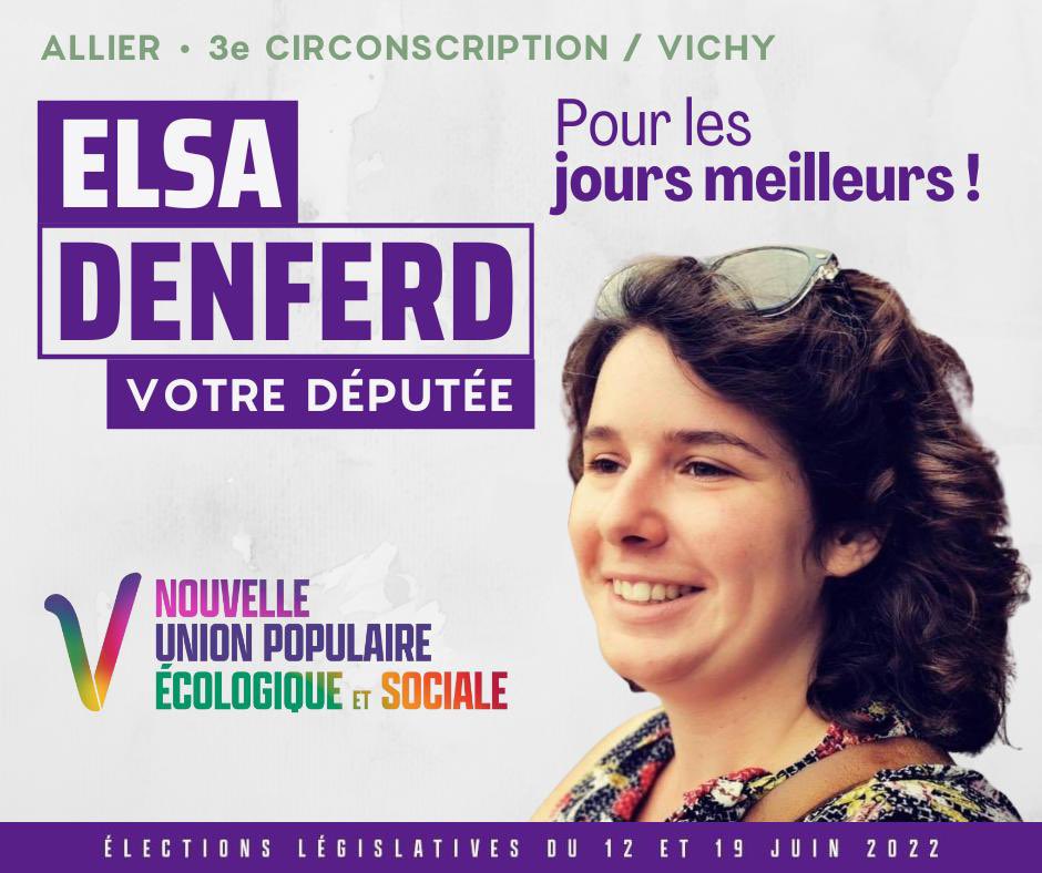elsadenferd's tweet photo. Je suis candidate à l’élection législative des 12 et 19 juin ds la 3e circonscription de l’Allier, de Vichy &amp; ses 88 communes. #allier #legislative2022 #Vichy #Cusset #Bellerive #Lapalisse #Gannat #nupes #NouvelleUnionPopulaire @Montagne_Vichy  @lasemaineallier @F3Auvergne https://t.co/689tTfpNk4