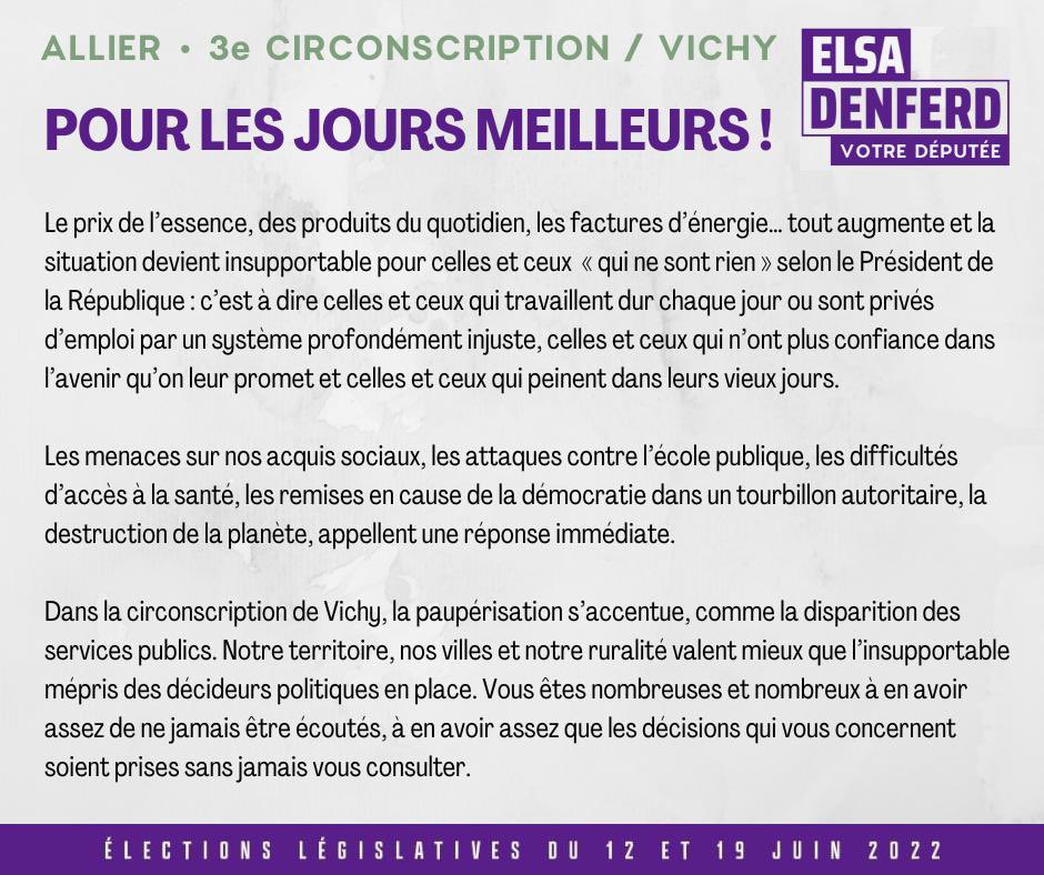 elsadenferd's tweet photo. Je suis candidate à l’élection législative des 12 et 19 juin ds la 3e circonscription de l’Allier, de Vichy &amp; ses 88 communes. #allier #legislative2022 #Vichy #Cusset #Bellerive #Lapalisse #Gannat #nupes #NouvelleUnionPopulaire @Montagne_Vichy  @lasemaineallier @F3Auvergne https://t.co/689tTfpNk4