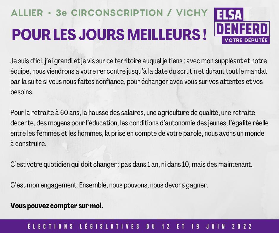elsadenferd's tweet photo. Je suis candidate à l’élection législative des 12 et 19 juin ds la 3e circonscription de l’Allier, de Vichy &amp; ses 88 communes. #allier #legislative2022 #Vichy #Cusset #Bellerive #Lapalisse #Gannat #nupes #NouvelleUnionPopulaire @Montagne_Vichy  @lasemaineallier @F3Auvergne https://t.co/689tTfpNk4