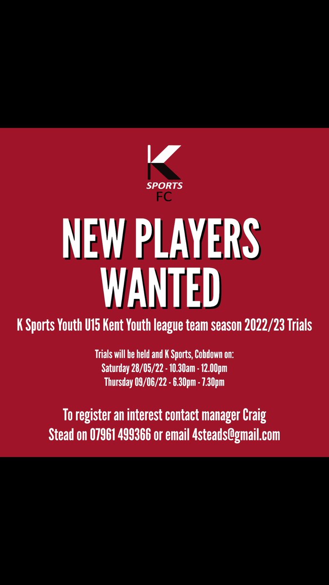 Welling Town U16 (@sports_kyl) on Twitter photo Trial dates released
K Sports Youth U15
Season 22/23 <a href="/KentYouthLeague/">KentYouthLeague</a>
@KSportsFC see attached advert, Supported with UEFA level coach &
pathway to Isthmian youth league & 1st team. Looking to strengthen squad in all positions, Striker/attacking player a priority. Trial dates released
K Sports Youth U15
Season 22/23 <a href="/KentYouthLeague/">KentYouthLeague</a>
@KSportsFC see attached advert, Supported with UEFA level coach &
pathway to Isthmian youth league & 1st team. Looking to strengthen squad in all positions, Striker/attacking player a priority.