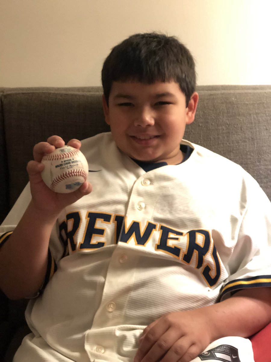 y2kgbmike's tweet photo. So Jake got a game hit ball by @ChristianYelich while wearing his Yeli jersey at the @Braves game last night… hey @Brewers if we sent “sase” to you guys what are the chances of getting it autographed https://t.co/xlDtHhW47J