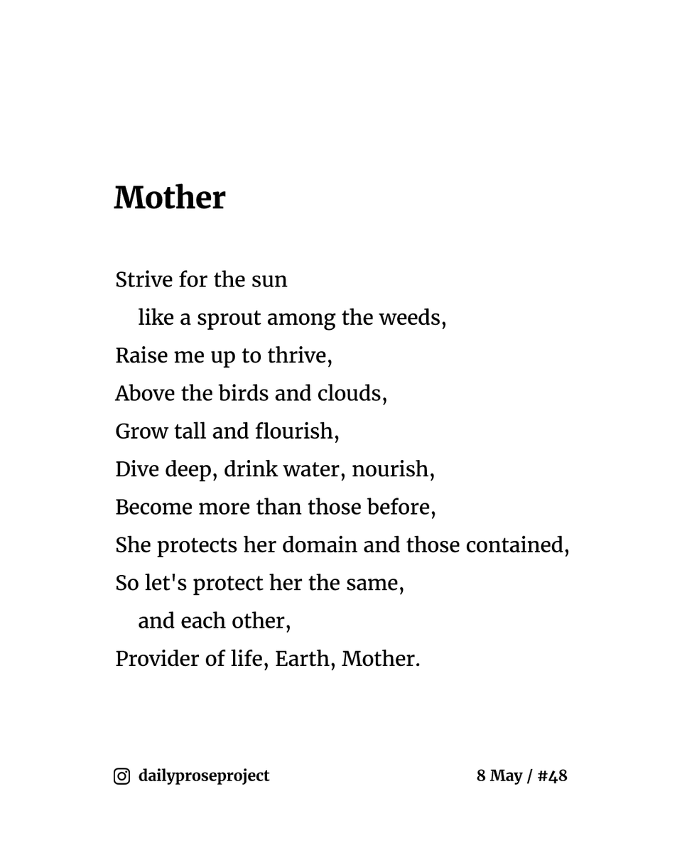 daily_prose's tweet photo. A new poem every day.

📔 8 May / #48 - "Mother"⁠

#poemoftheday #dailypoetry #dailyprose #poemaday #dailyproseproject https://t.co/LFi1vQbkzq