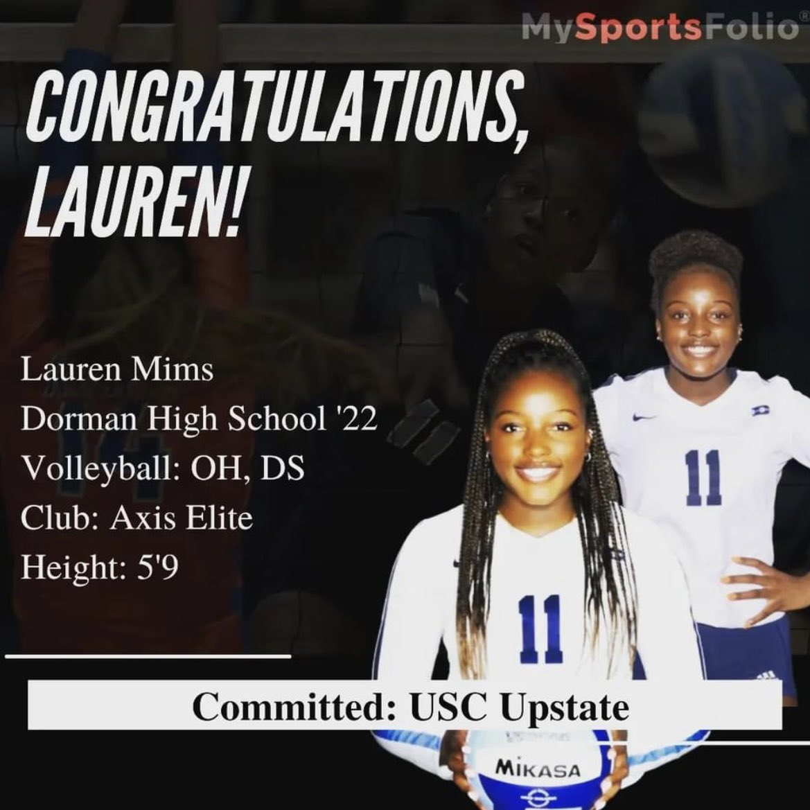 Commitment Alert!!! Congrats to Lauren Mims on her commitment to USC Upstate!!! The MySportsFolio Team #collegeready #StudentAthlete <a href="/laurenmims6/">lauren danielle</a> <a href="/DormanVB/">🏐DormanVB🏐</a> <a href="/vbcoch/">Paula Kirkland</a> <a href="/UpstateVB/">USC Upstate Volleyball</a> <a href="/DormanAthletics/">Dorman Athletics</a>