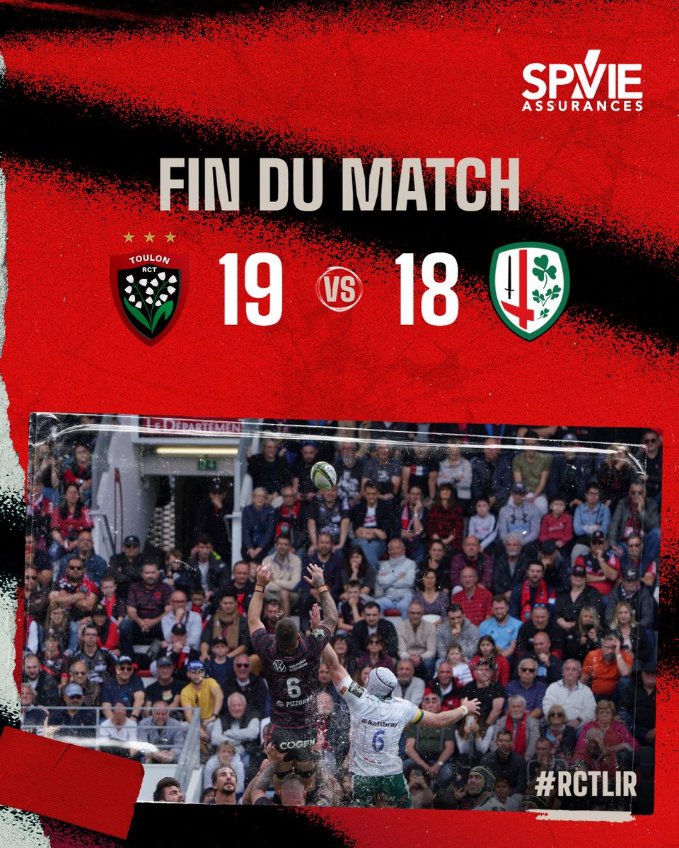 RCTofficiel's tweet photo. ⏱ 80' | 19-18 𝗤𝗨𝗔𝗟𝗜𝗙𝗜𝗖𝗔𝗧𝗜𝗢𝗡 ✅
C'est fini au Stade Mayol ! Toulon s'impose d'un petit point face aux anglais de London Irish et file en demi-finale ! 🔥
#RCTLIR https://t.co/i8IPkYMMkC