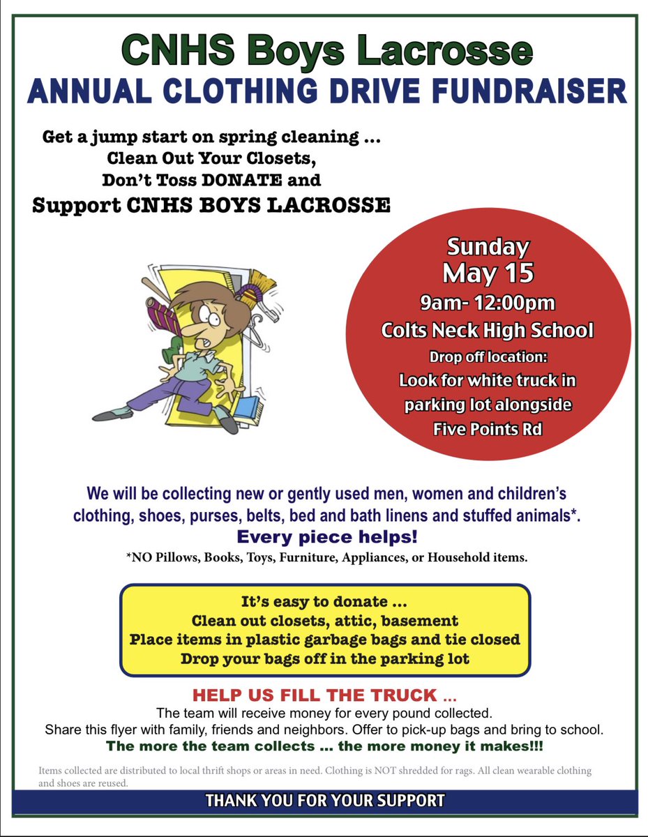 cnhscougarlax's tweet photo. Start bagging up those clothes!! We are 1 week out from our Annual Clothing Drive Fundraiser!! 👕👖👟 https://t.co/XOAsSUr91a