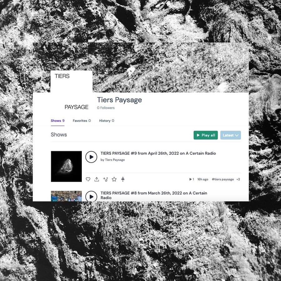 [TIERS PAYSAGE // MIXCLOUD]
We are now on mixcloud 
Listen all our replay / podcasts Tiers Paysage
► mixcloud.com/tierspaysage/

♡ 🌱  Tiers paysage is a monthly radio show by Fleur and Jerome from La Station Radar - broadcast on <a href="/CertainRadio/">A Certain Radio</a> 
► acertainradio.fr