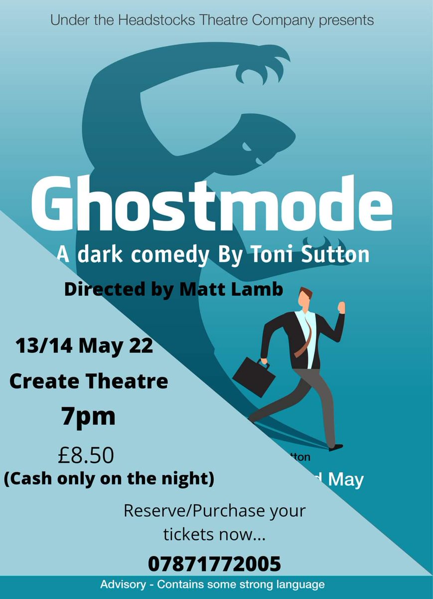 <a href="/ToniSutton17/">Toni Sutton</a> dark comedy #Ghostmode opens  Friday 13th May <a href="/Create_Theatre/">Create Theatre</a> Reserve tickets or pay on door - details on the poster you can also message me Please bring cash <a href="/MattLambActor/">Matt Lamb</a> director <a href="/AnnaSanderson86/">Anna Sanderson</a> <a href="/linz_83vintage/">Lindsay Foster</a> <a href="/AlanThetownsman/">Alan Dawson</a> <a href="/Connor__Bailey/">Connor Bailey</a> #madeinmansfield