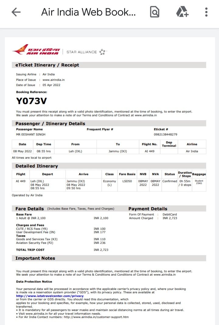eeshant_s's tweet photo. Dear Sir,
@RNTata2000 @JM_Scindia @airindiain @MoCA_GoI
(CEO AI),

I am a student who came to leh for learning about Shanti Stupa. The above ticket(PNR Y073V) with student concession issued by air india portal got canceled while check-in.

(2/n)
#AirIndia #CivilAviation https://t.co/JVzW3EMljP