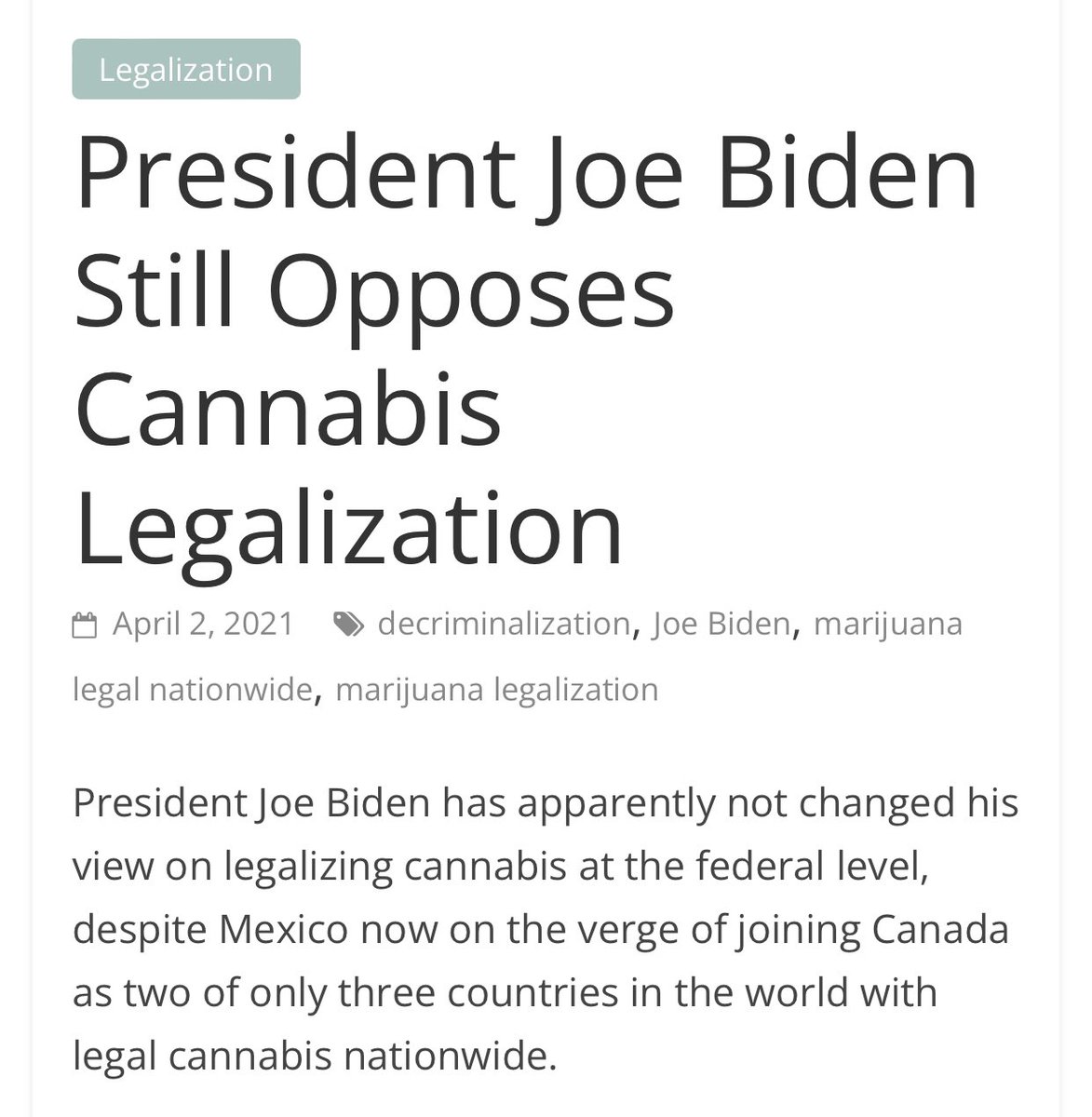 Jazz_Phan's tweet photo. @shaleentitle @freckled_frack Joe Biden could order Attorney General Merrick Garland to stop prosecuting cannabis possession today. But Biden opposes cannabis legalization. #FailPresident https://t.co/JKLmyswMY0