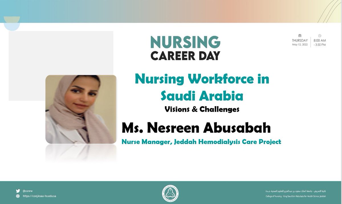 Clinical_CONJ's tweet photo. Ms. Nesreen Abusabah will join us in a panel discussion about Nursing Workforce in Saudi Arabia: Visions &amp; Challenges on Thursday 12th May 2022 at @conrw @KSAU_HS Convention Center Jeddah

#يوم_مهنة_التمريض٢٠٢٢
#يوم_التمريض_العالمي
#NCD2022_CONJ
#NursingCareerDay_2022 https://t.co/niuBKzonHa