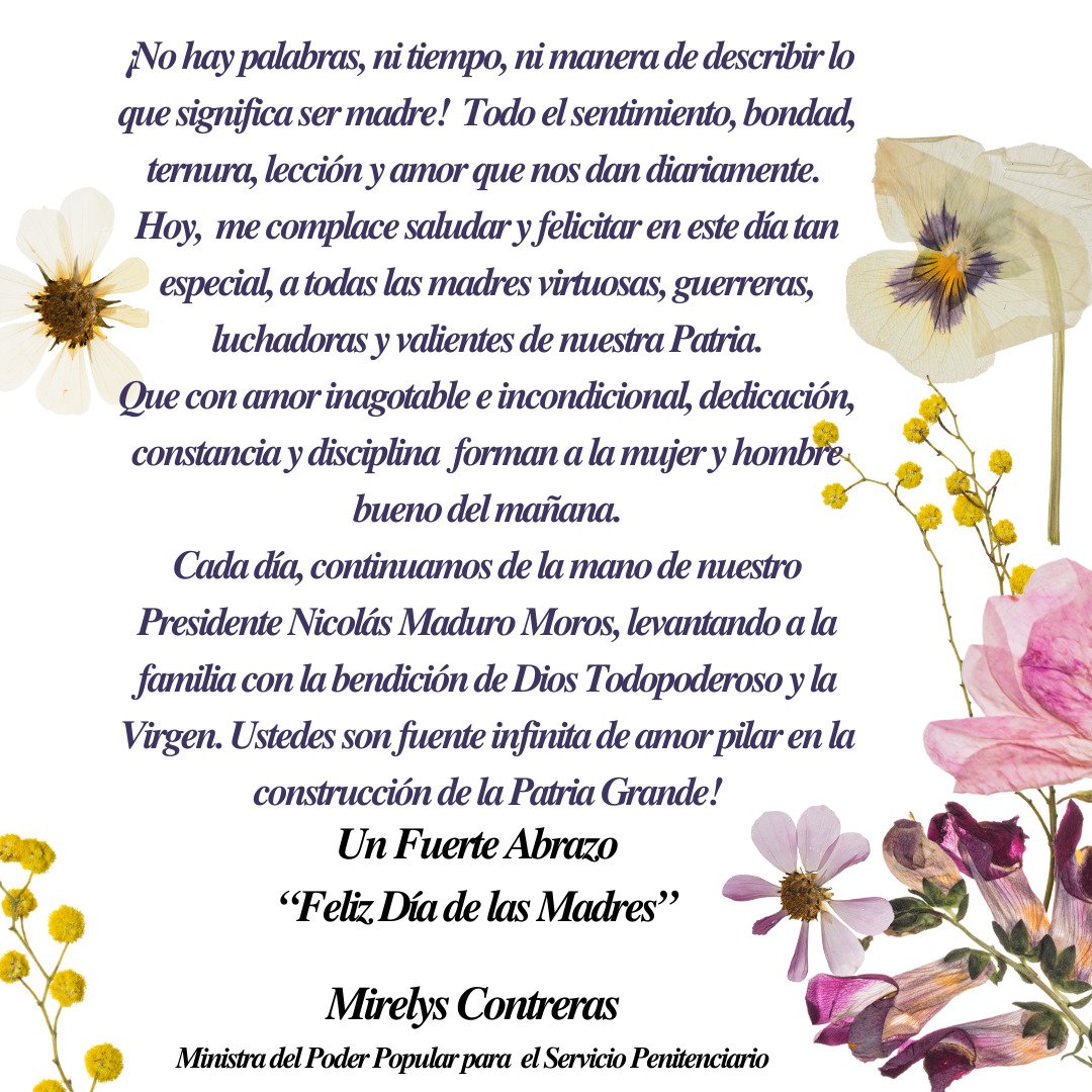 mirelct's tweet photo. Felicidades a todas las Madres en su día, admiración total a todas las guerreras que cumplen con su rol materno, brindando un amor inigualable en cada uno de sus actos y luchando por ser cada vez mejores. Un abrazo Madres de la Patria!#MadreEsAmor @NicolasMaduro @delcyrodriguezv https://t.co/n3ImhkxbXF