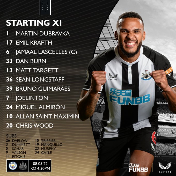 Team to face Manchester City: Dubravka, Krafth, Lascelles, Burn, Targett, Longstaff, Bruno G., Joelinton, Almirón, Saint-Maximin, Wood.Subs: Darlow, Dummett, Schär, Wilson, Ritchie, Trippier, Manquillo, Murphy, Gayle