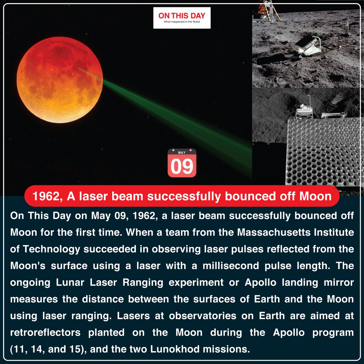 #OnThisDay  1962, A Laser beam successfully bounced off Moon for the first time

#May #May09 #historytoday #in1962 #60yearsago #onthisdayinhistory #doyouknow #laserbeam #moon #laserbeambouncedoffmoon #firsttime #MIT #MassachusettsInstituteofTechnology #Apollo