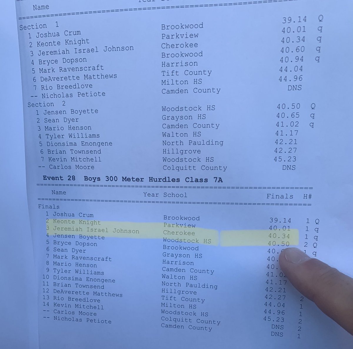 JJeremiah29's tweet photo. Unbelievable sectionals! Qualified for state in 3 events 4x2, 4x1, and 300H. So close to state in triple jump with 9th place but got a PR of 42-6. Even placed 3rd for 300 hurdles with another PR of 40.34. Can’t wait for state! @TrackCherokee @CherokeeAD @coachccurtiss @tstring3 https://t.co/0qSUOl7TDG