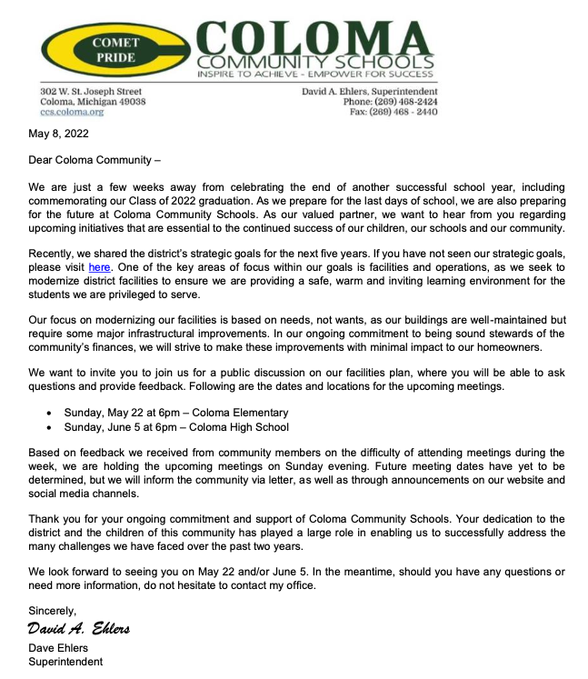 SchoolsColoma's tweet photo. We are holding two more community forums (5/22 &amp; 6/5) to gather input as we consider facility upgrades to support our strategic plan.  We hope to see you soon! https://t.co/eZ86QVytxr