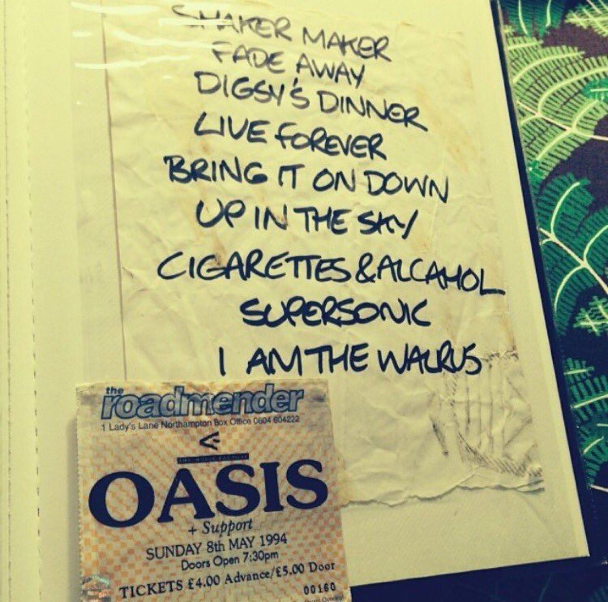 On May 8th 1994 Oasis played at the Roadmender in Northhampton, England.

Below is the setlist and a ticket from the gig.

£4 a ticket for that setlist is insane, It wouldn't cover the cost of booking fees these days.

📷 ardilessect