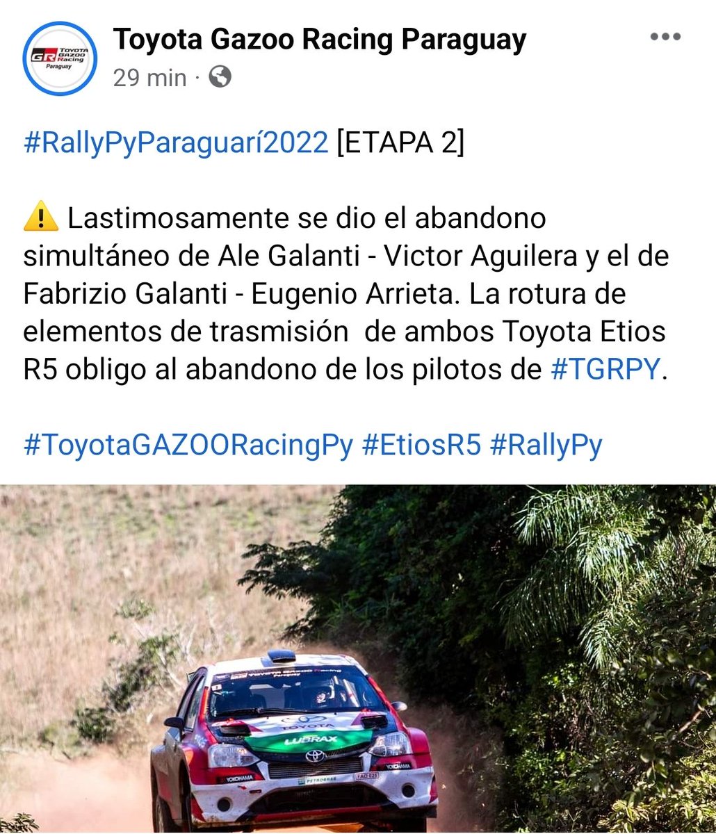 ▶️ Ambas tripulaciones del Team Toyota Gazzo Racing Paraguay quedaron fuera de carrera debido a la rotura de elementos de transmisión de los dos Etios R5.

#ÚnicaEnDeportes #1120AM