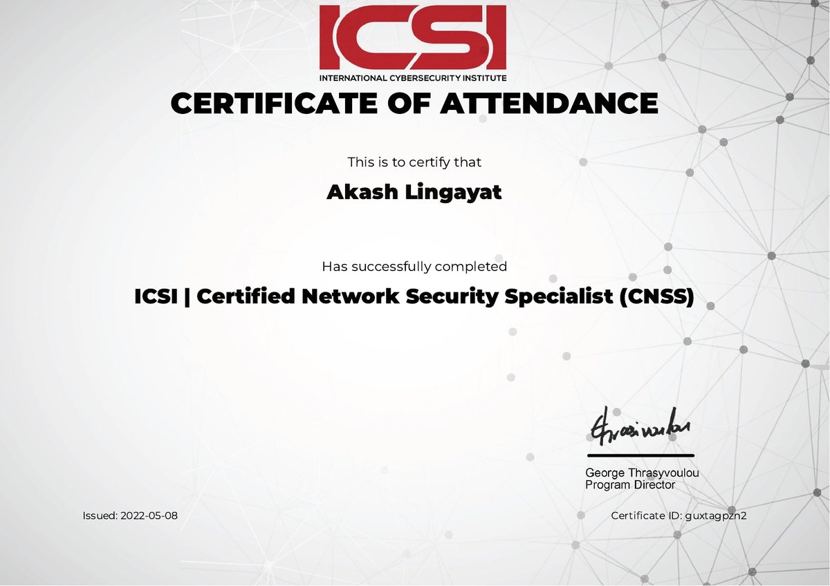 akash_lingayat3's tweet photo. Hey Guys,
I am glad to share that I completed the course of Certified Network Security Specialist by ICSI
It was a great informative journey for getting hands-on Network Penetration Testing and Security.
#penetrationtesting #networksecurity #networkpenetrationtesting #learning https://t.co/rlHpr3jjLH