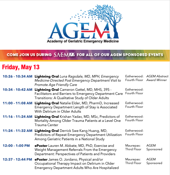 #SAEM22 is not over yet! 

We have a jam packed day of #GeriEM content with TWO AGEM Abstract Winner lightning oral presentations!

<a href="/SAEMonline/">SAEM</a>