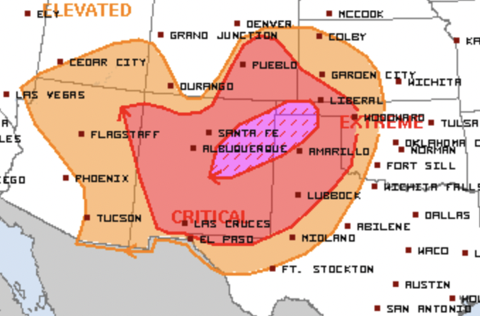 granttosterudwx's tweet photo. Weather the next 36 hours will push fire conditions to extreme & historic levels in New Mexico. Strong winds, extremely dry air, & above-avg temps will cause rapid growth of new or ongoing fires. Do your part in preventing fires, stay vigilant, & evacuate if told to. #NMFire https://t.co/rqXxLOFCum