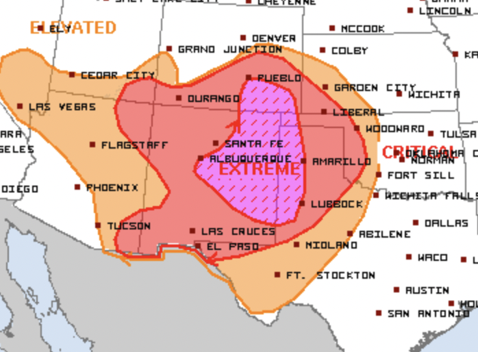 granttosterudwx's tweet photo. Weather the next 36 hours will push fire conditions to extreme & historic levels in New Mexico. Strong winds, extremely dry air, & above-avg temps will cause rapid growth of new or ongoing fires. Do your part in preventing fires, stay vigilant, & evacuate if told to. #NMFire https://t.co/rqXxLOFCum