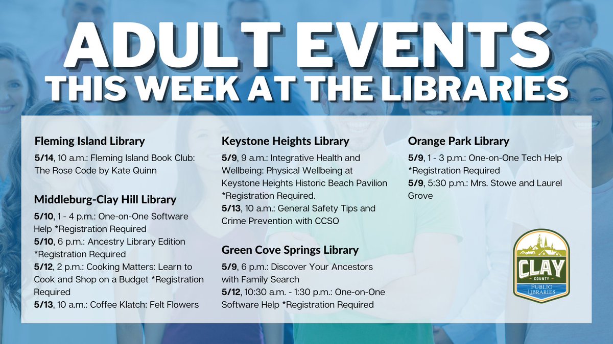ClayLibrary's tweet image. Check out these events happening this week at your local Clay County Libraries.
#ClayCoLibrary #LocalEvents