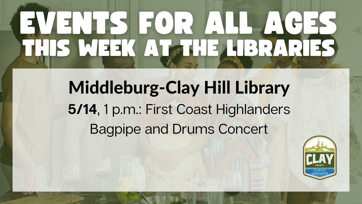 ClayLibrary's tweet image. Check out these events happening this week at your local Clay County Libraries.
#ClayCoLibrary #LocalEvents