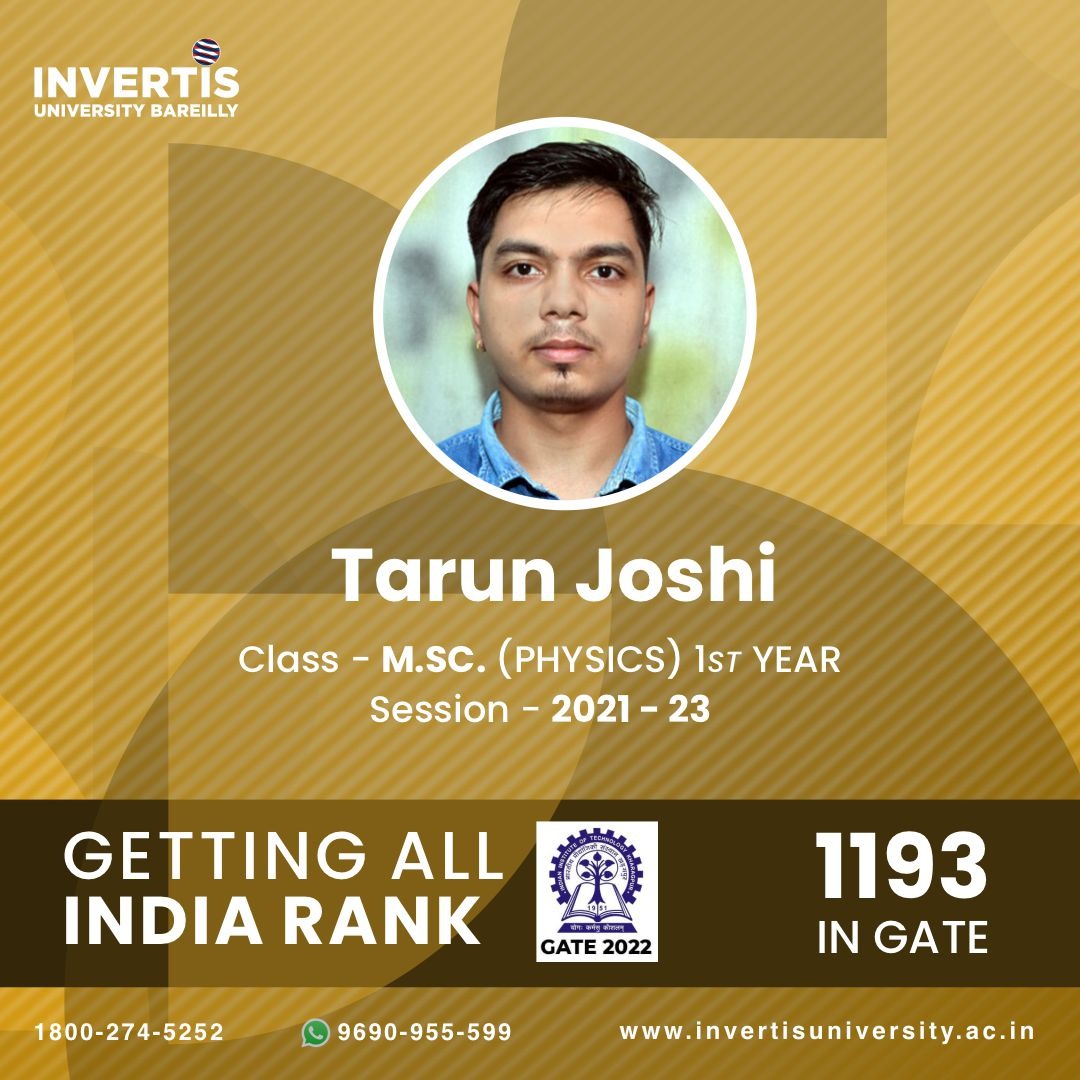 InvertisUni's tweet photo. Congratulations Tarun Joshi and well done. We are very proud to call you our student and wish you the best for your future.
#gate #congratulations #mscphysics #campusplacement #newbeginnings #admission2022 #admissionsopen #expectmore #bareilly #lifeatinvertis #invertisuniversity https://t.co/o4jmWlpCCC
